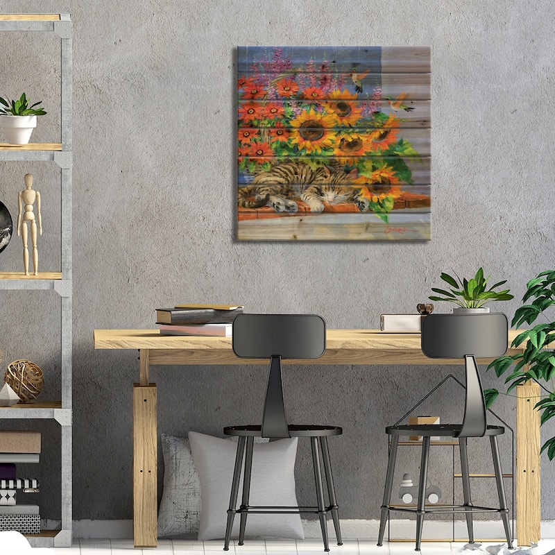 Sunflower Snooze Print On Wood by Mikki Senkarik - Multi-Color