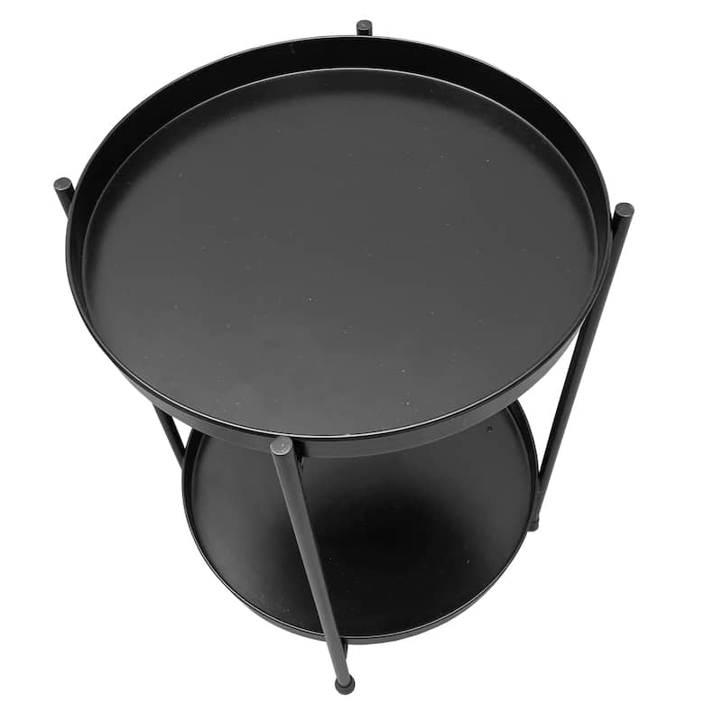 Vica 15 Inch Modern Side End Table, Metal Round Tray Top Foldable Legs, Black