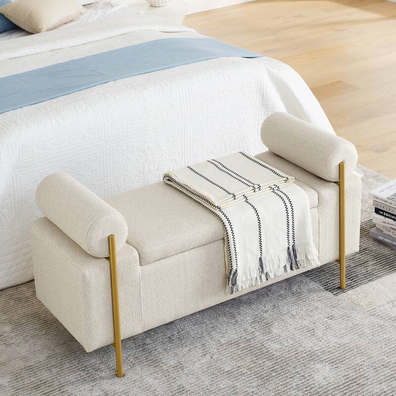 Upholstered Linen Storage Bench with Cylindrical Arms and Gold Metal Legs