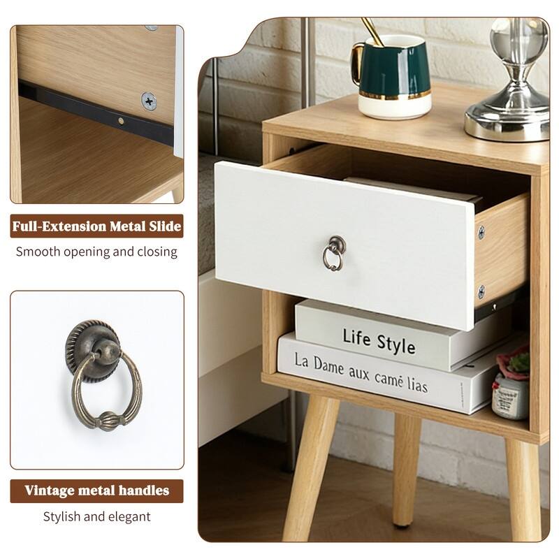 15.0" White & Oak Nightstand, P2 Particleboard & Solid Legs, Matte Melamine, Ring Handle, 1 Drawer
