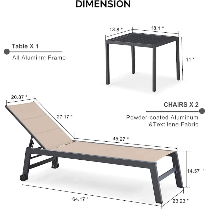 PURPLE LEAF Outdoor Chaise Lounge Set of 2 Aluminum Patio Lounge Chair with Wheels and Side Table