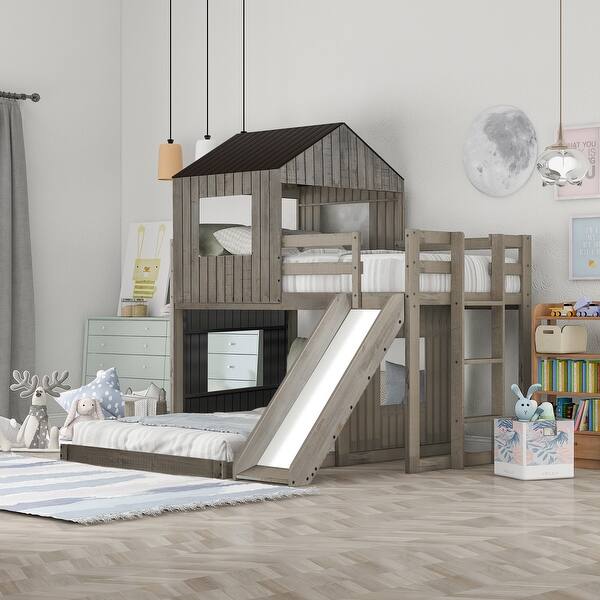 slide 2 of 27, Twin over Full Wooden House Loft Bed with Ladder, Slide, and Guardrails on Top Bunk, Playhouse & Farmhouse Design Antique Gray