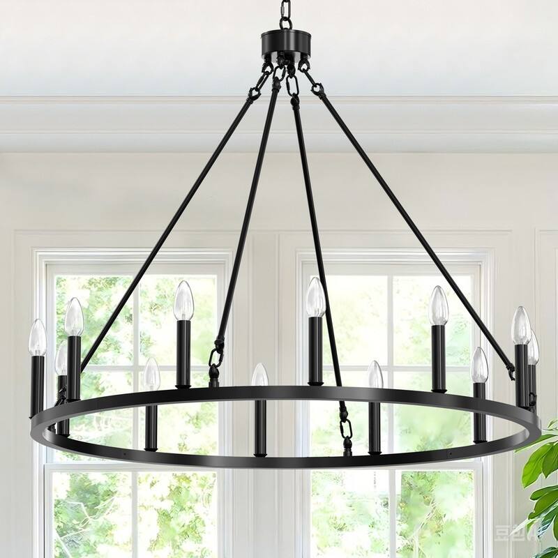 12-Light Black Wagon Wheel Chandelier, Candle Style Ceiling Light Fixtures - 38