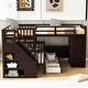 preview thumbnail 2 of 16, Twin-Twin over Full L-Shaped Bunk Bed with 3 Drawers, Portable Desk, Wardrobe, Guardrails & Solid Pine Frame, Espresso