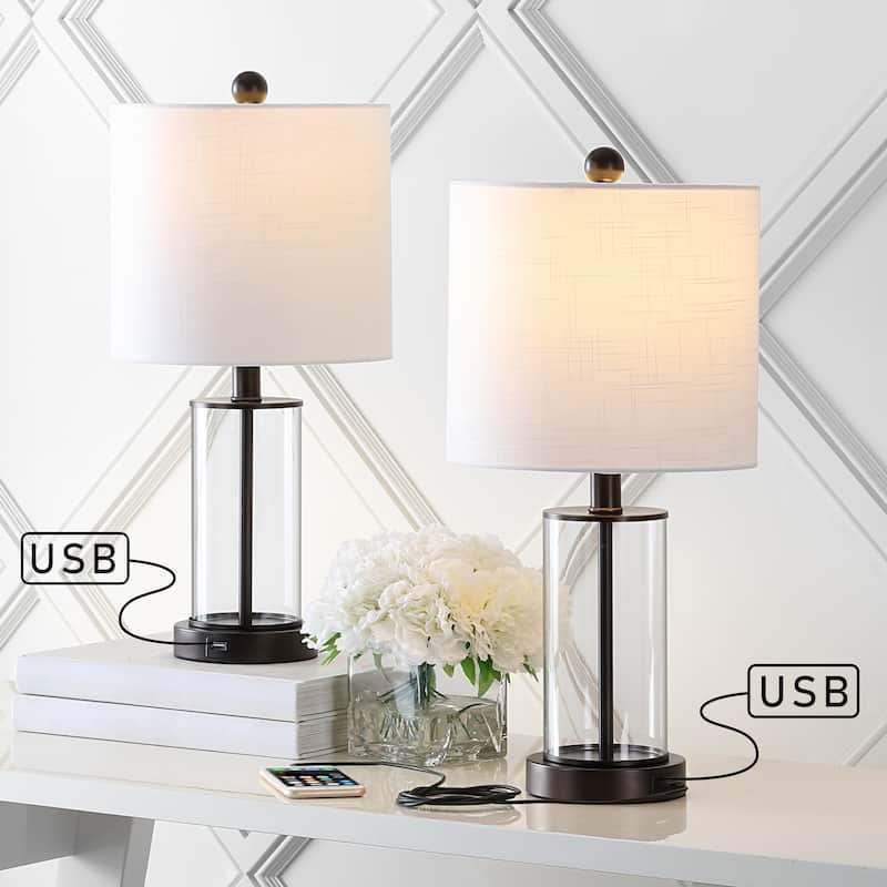 Cabell 21" Glass Modern Contemporary USB Charging LED Table Lamp, Oil Rubbed Bronze (Set of 2) by JONATHAN Y