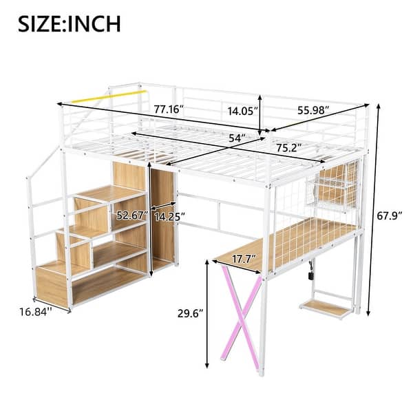 dimension image slide 1 of 2, Twin/Full Size Metal Loft Bed with Computer Desk and LED Light, Kids Bed Frame with Wardrobe and Storage Staircase