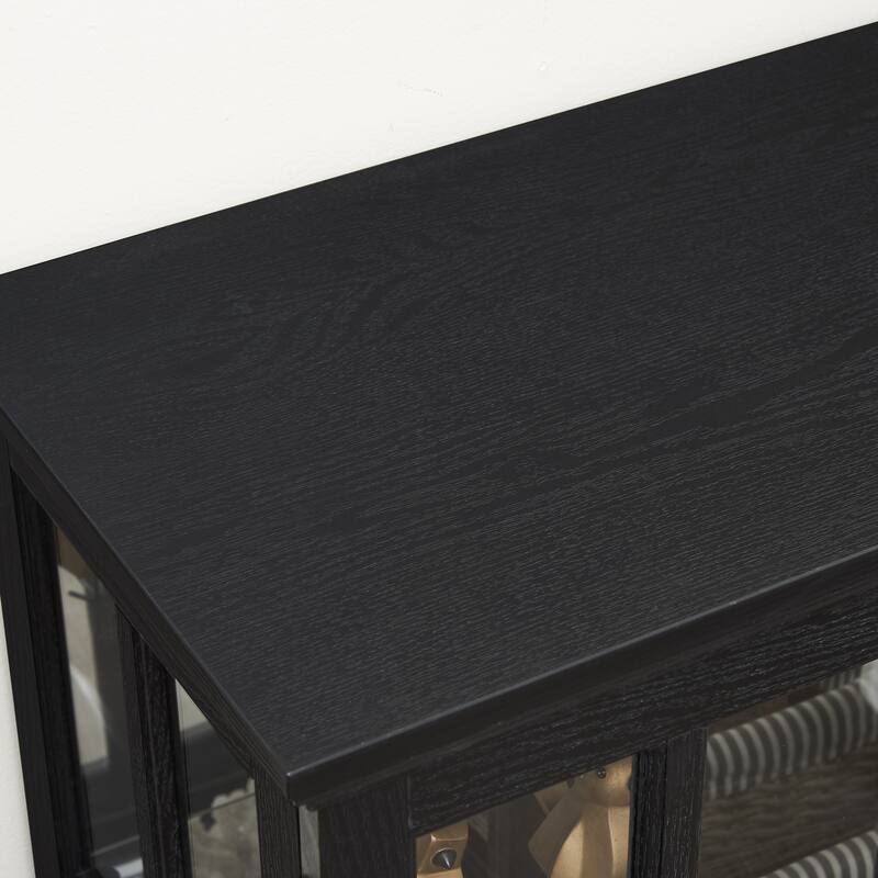 LED Curio Display Cabinet with Grille Doors, Antique Display Cabinet with Adjustable Shelves, Wooden Accent Storage Cabinet