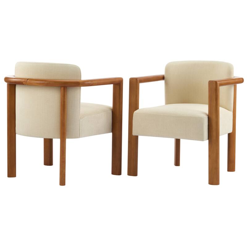 Roomfitters Upholstered Fabric Dining Armchair with Walnut Rubber Wood Frame, Beige Set of 2