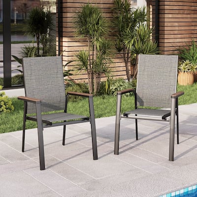 MAISON ARTS 2 Pieces Aluminium Stackable Patio Dining Chairs with Wooden Armest