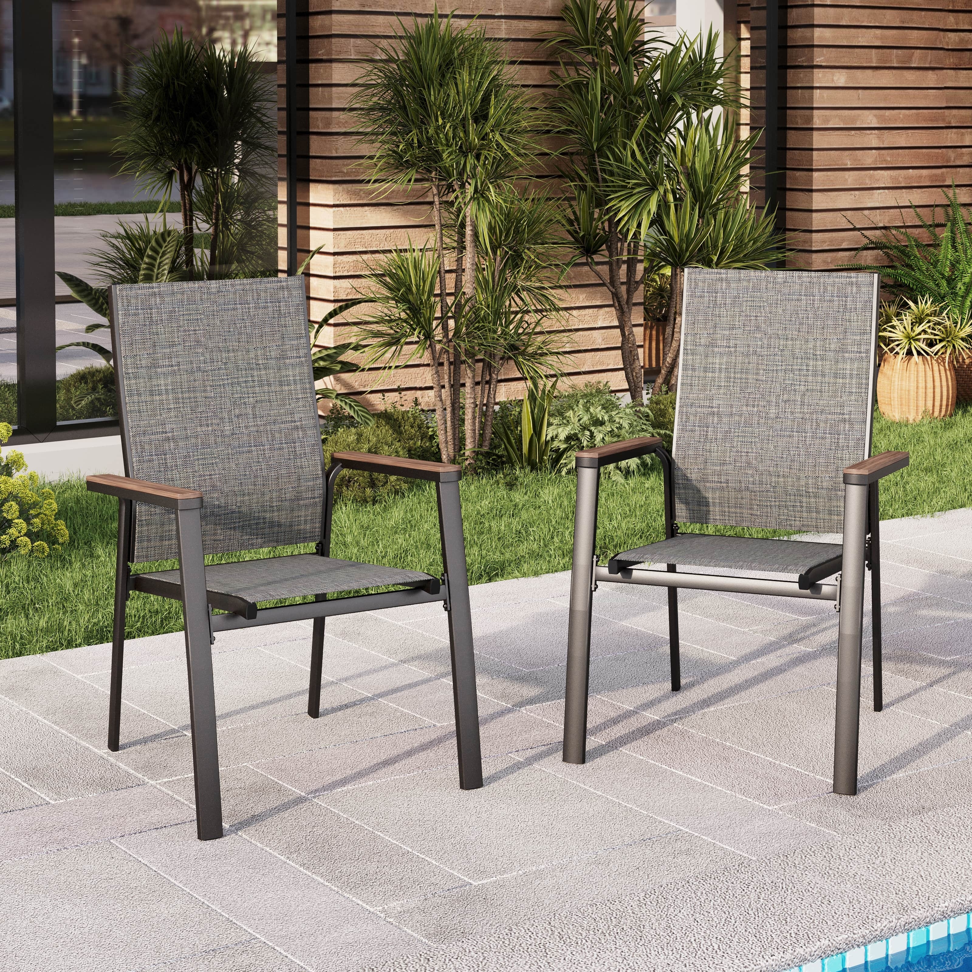 MAISON ARTS 2 Pieces Aluminium Stackable Patio Dining Chairs with Wooden Armest