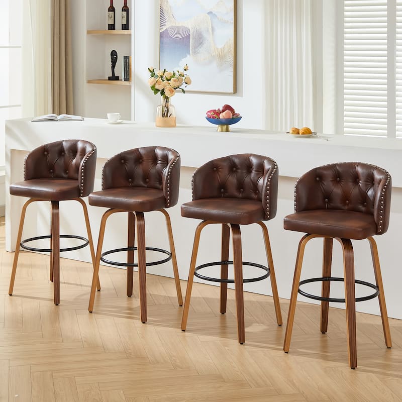25.5" Faux Leather Upholstered Wood Frame Swivel Counter Height Bar Stool, Set of 2/4 - Set of 4 - Walnut Brown - Counter Height