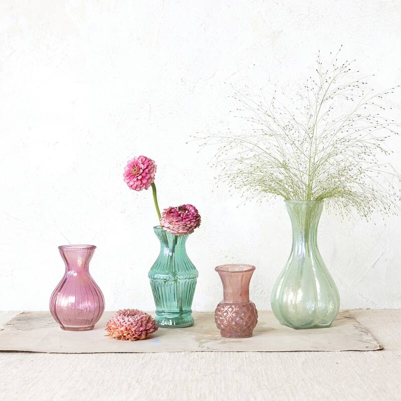 Debossed Reclaimed Glass Vases, Set of 4 - Multi - 3.5"L x 3.5"W x 6.3"H