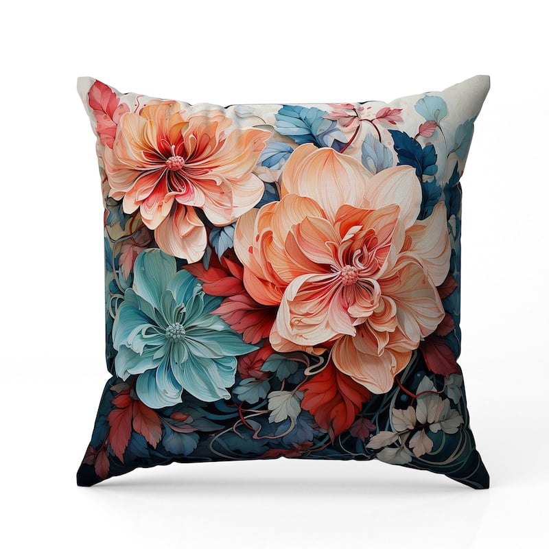 Large Flowers Faux Suede Reversible Throw Pillow Peach and Blue