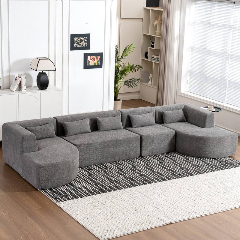 Convertible Sectional Sofa with 2 Curved Chaise Lounges, 143.7" Upholstered Sofa Free-combined Sofa Couch with 5 Back Pillows
