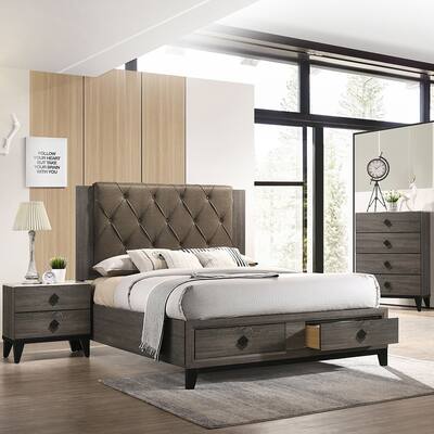 King Size Bed with Storage and Button Tufted Upholstered Headboard