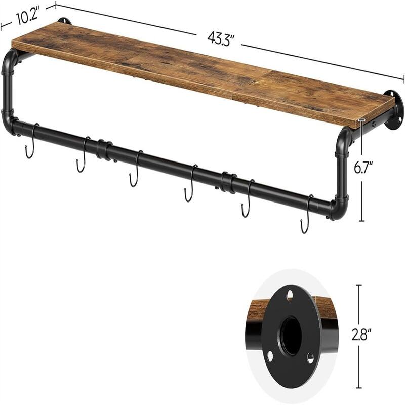 43.3in Wall Mounted Garment Rack with Top Shelf - 6.7"D x 43.3"W x 10.2"H