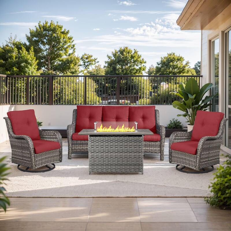 Gymojoy 4-Piece Outdoor Furniture Set, 2 Swivel Glider Chairs, 3-Seat Sofa & 55K BTU Fire Pit Table - Grey Wicker / Red Cusion - 4-Piece