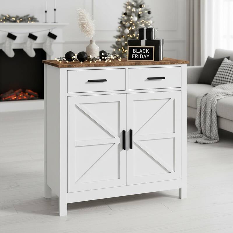 Homy Casa Modern Farmhouse Buffet Cabinet with Storage & 2 Drawers - White