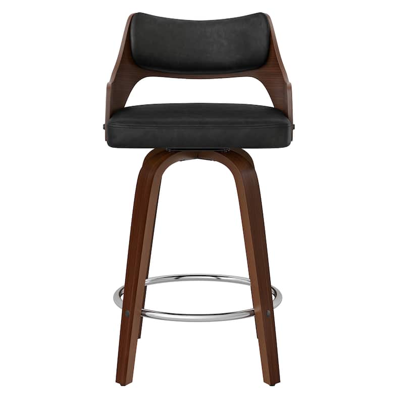 26.in Counter Height Stool Swivel Wooden Faux Leather Bar Stool with Curved Back