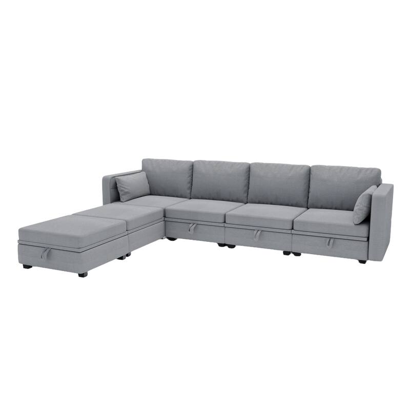 Linen Fabric U Shaped Modular Couch Set with Ottomans and Storage Seats