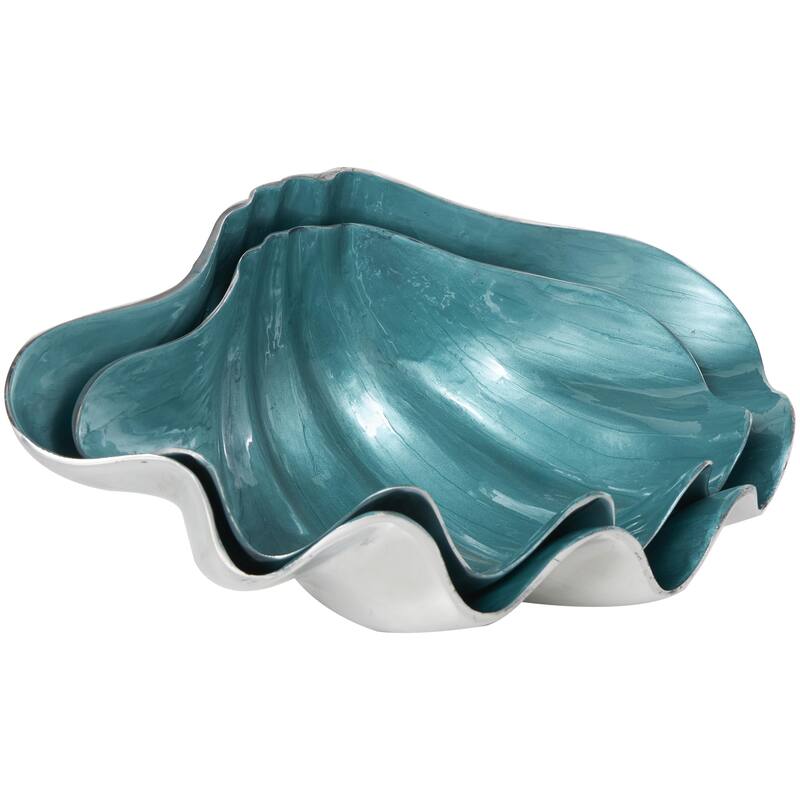 Aluminum Metal Shell Enameled Decorative Bowl with Silver Metal Exterior - Set of 2 Teal or White - Roche River Decor