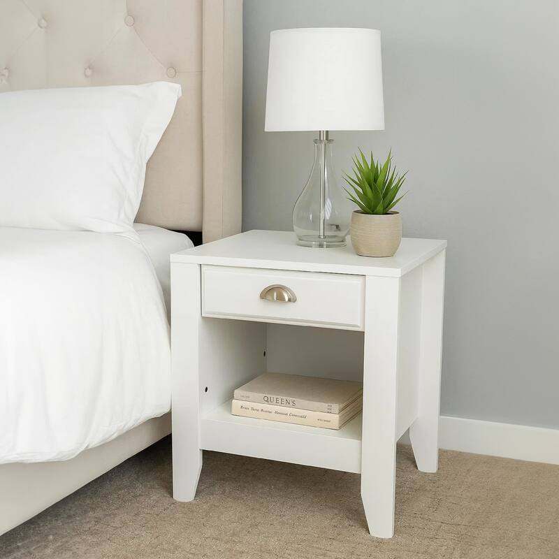 Crown Bedside Table Nightstand, 21 Inch w Drawer n Shelf, White MDF