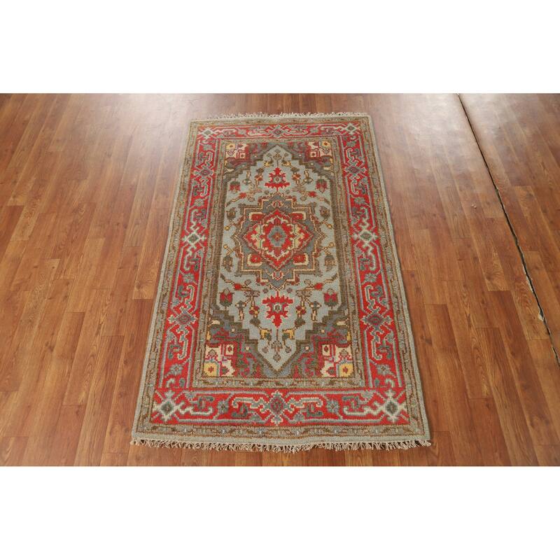 Hand Knotted Oriental 100% Wool Carpet Traditional Medallion Navy Blue & Blues Heriz (serapi) Area Rug - 5' 1'' X 3' 0''