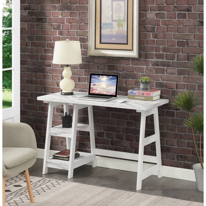 Convenience Concepts Designs2Go Trestle Desk with Shelves - White Faux Marble/White