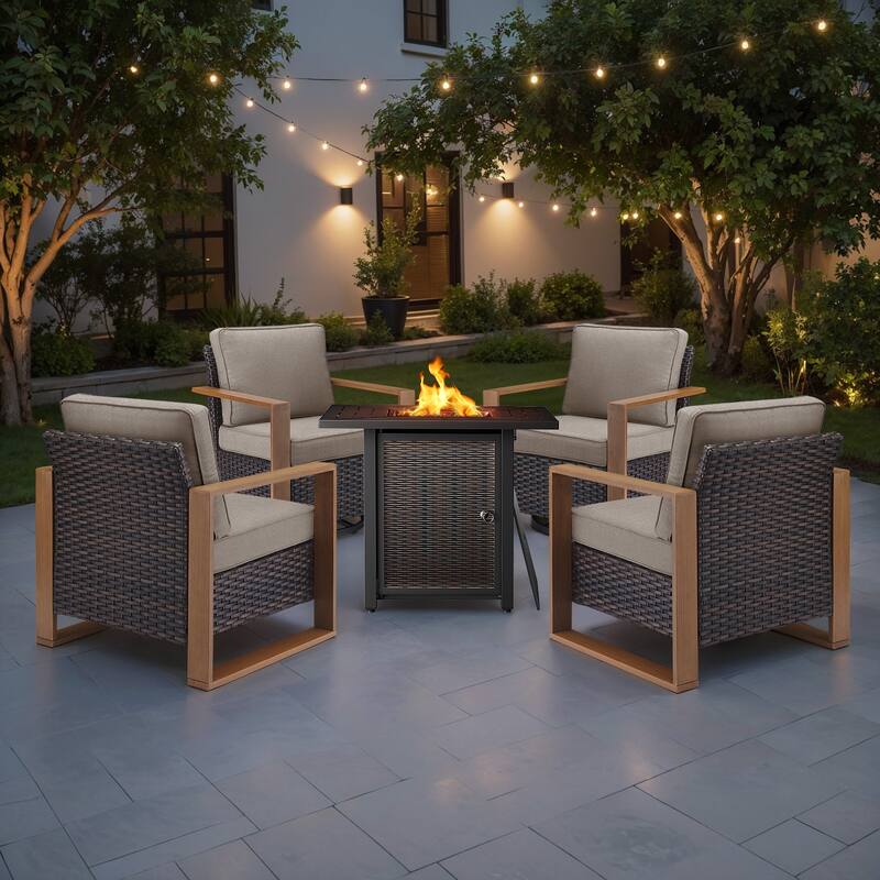Meyreso 5-Piece Wicker Patio Conversation Set with Metal Fire Pit & Plush 4.5" Olefin Cushions - Brown Wicker - Beige Cushions