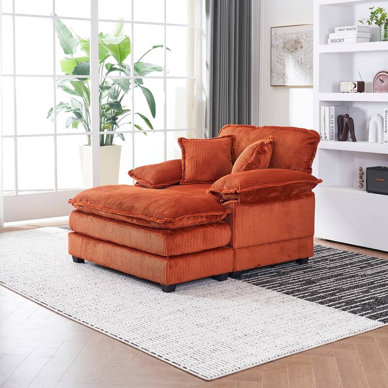 Deep Seat Accent Chair & Ottoman Set of 2, Reclining Sofa Chair, Corduroy Upholstered Chaise Lounge Couch with 2 Toss Pillows