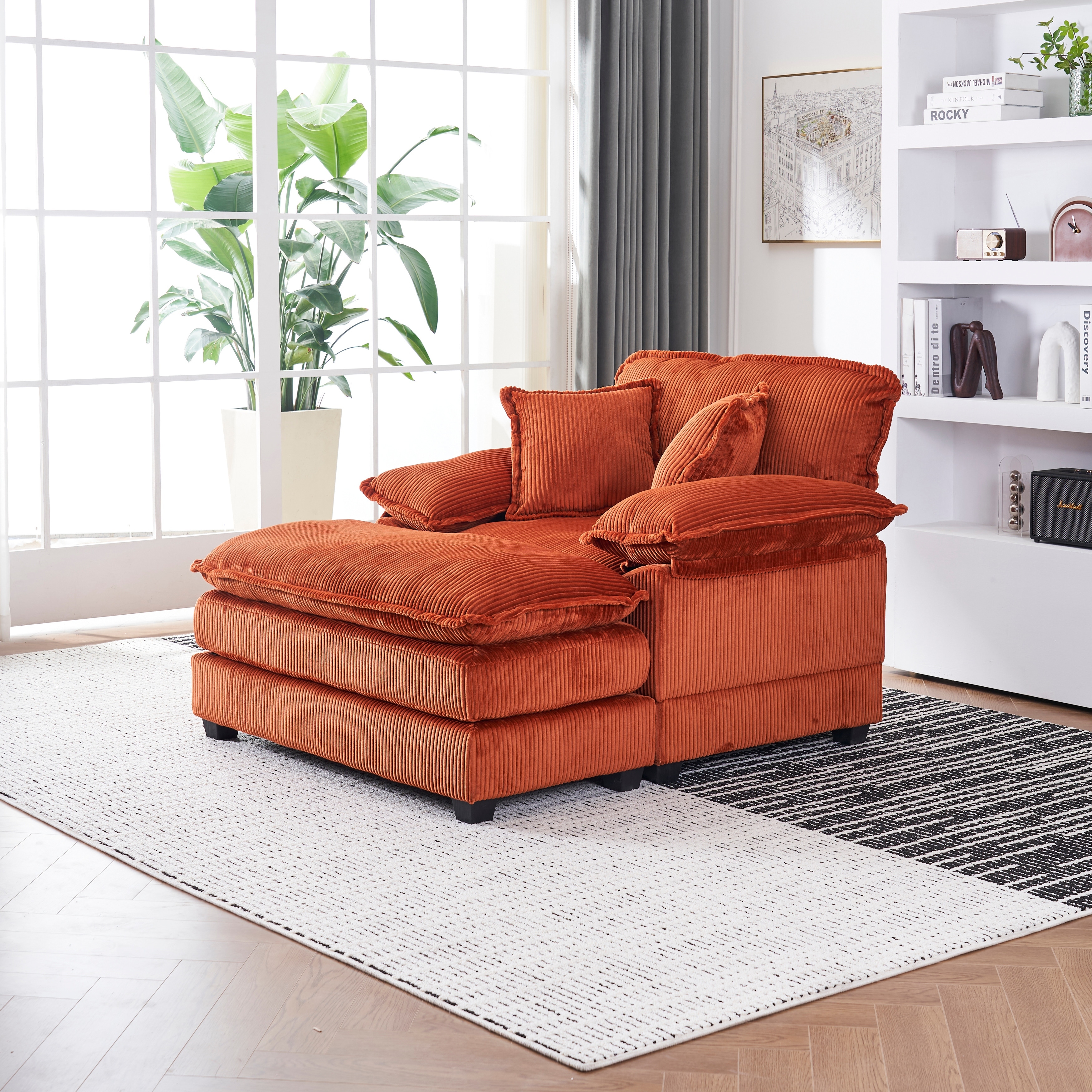 Furniture Orange Saucer Chair Deep Seat Accent Chair Ottoman Set