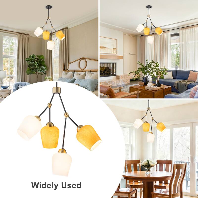 4-Light Black & Gold Y-Shaped Chandelier with Wood-Grain Glass Shades - Dia.22.83-in