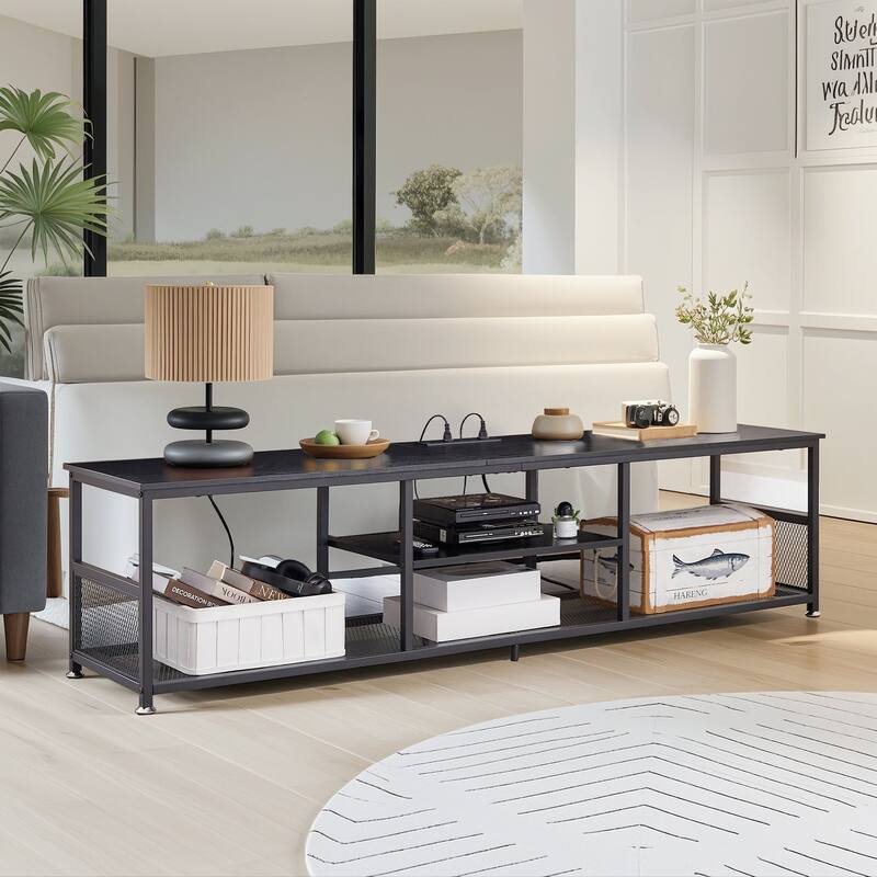 VECELO 55 Inch Black TV Stand TV Media Console Table Entertainment Center with Power Outlets and Open Storage Shelves
