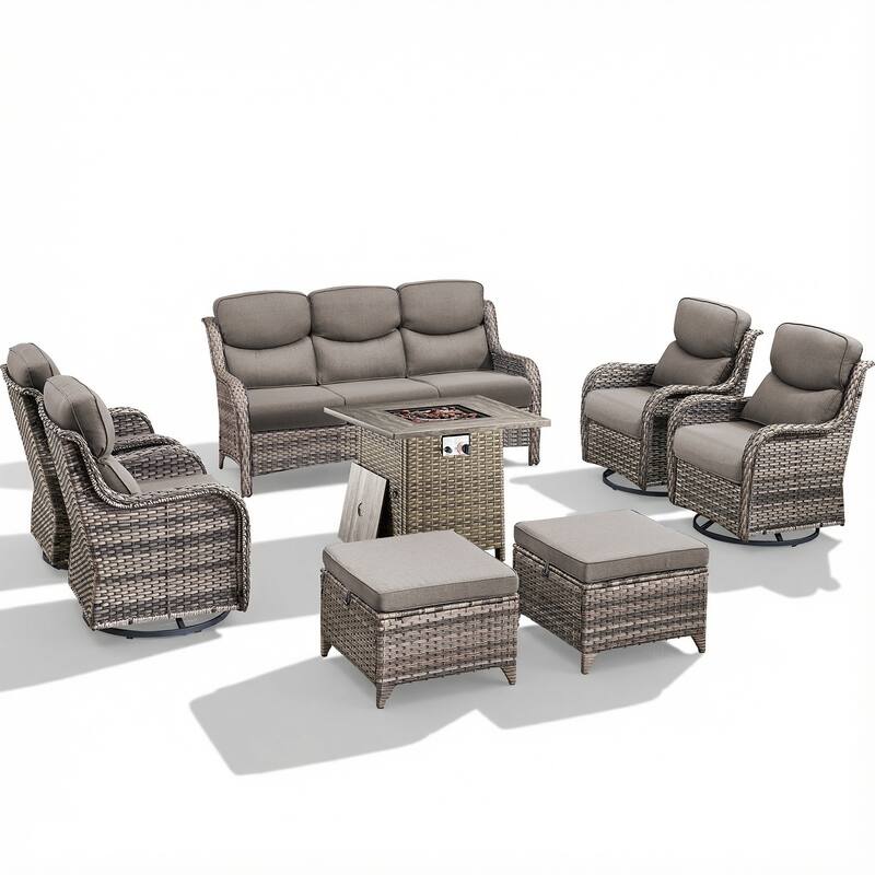 Pocassy Outdoor Propane Fire Pit Table with Sofa Swivel Chair Funiture Set.