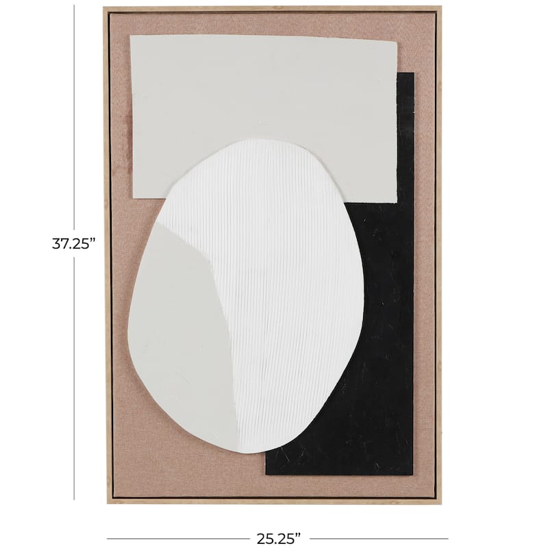 Brown Wooden Textured Geometric Framed Wall Art with Abstract Black and White Shapes and Fabric Backing