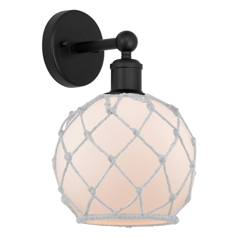 Innovations Lighting 616-1W-13-8 Farmhouse Rope Sconce Farmhouse Rope - Matte Black / White Glass with White Rope