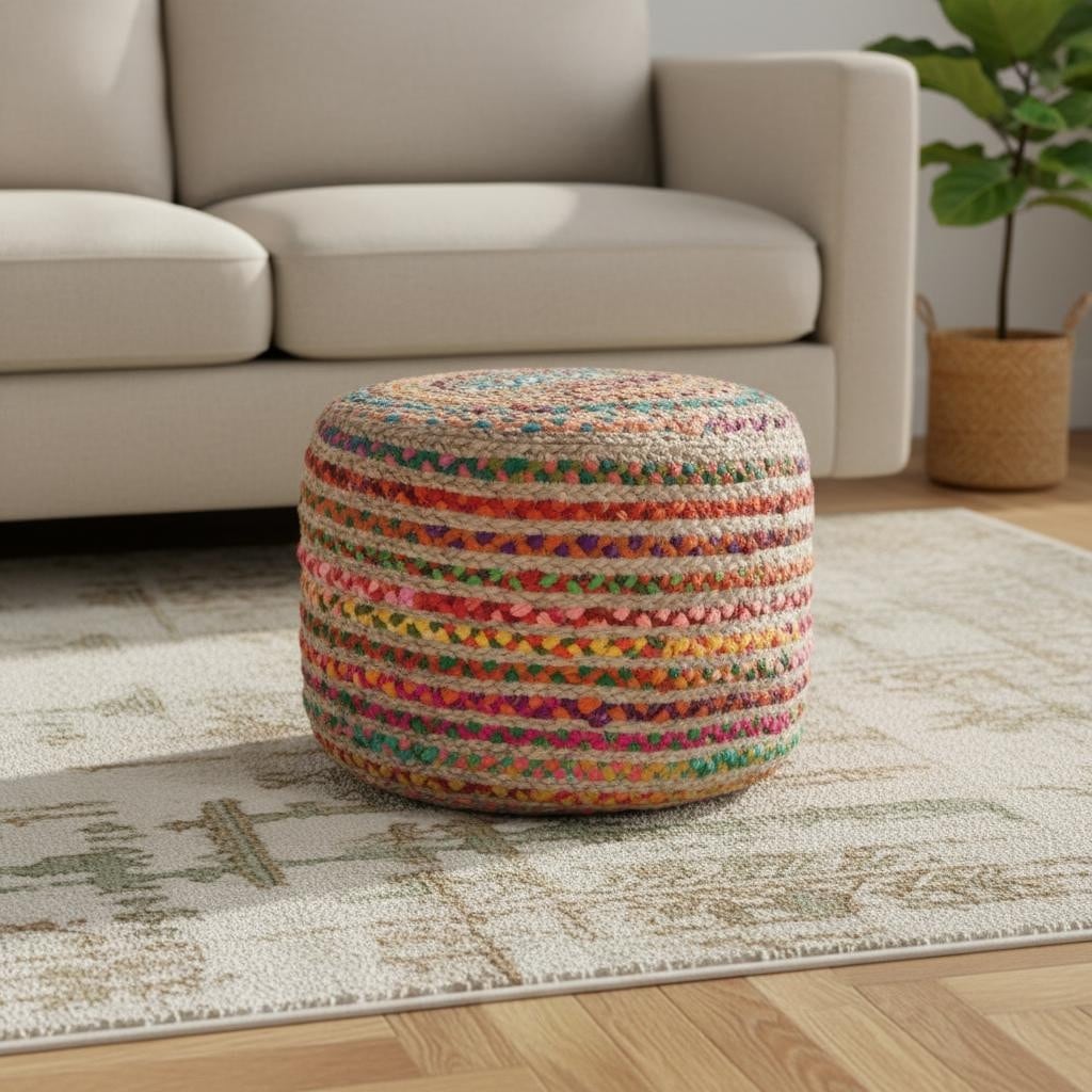HomeRoots 20" Blue Orange and Tan Cotton and Jute Striped Round Pouf Ottoman