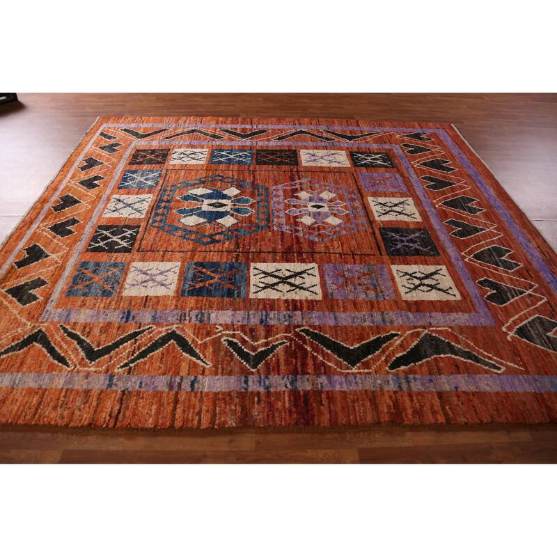 Orange Tribal Geometric Moroccan Oriental Rug Hand-Knotted Wool Carpet - 8'9" x 9'11"