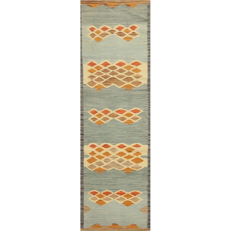 Hand Woven Oriental 100% Wool Carpet Southwestern Modern Navy Blue & Blues Kilim Runner Rug - 8' 4'' X 2' 2''