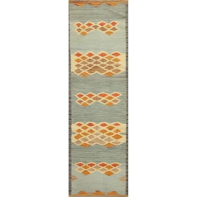 Hand Woven Oriental 100% Wool Carpet Southwestern Modern Navy Blue & Blues Kilim Runner Rug - 8' 4'' X 2' 2''