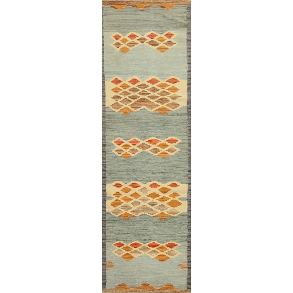 Hand Woven Oriental 100% Wool Carpet Southwestern Modern Navy Blue & Blues Kilim Runner Rug - 8' 4'' X 2' 2''