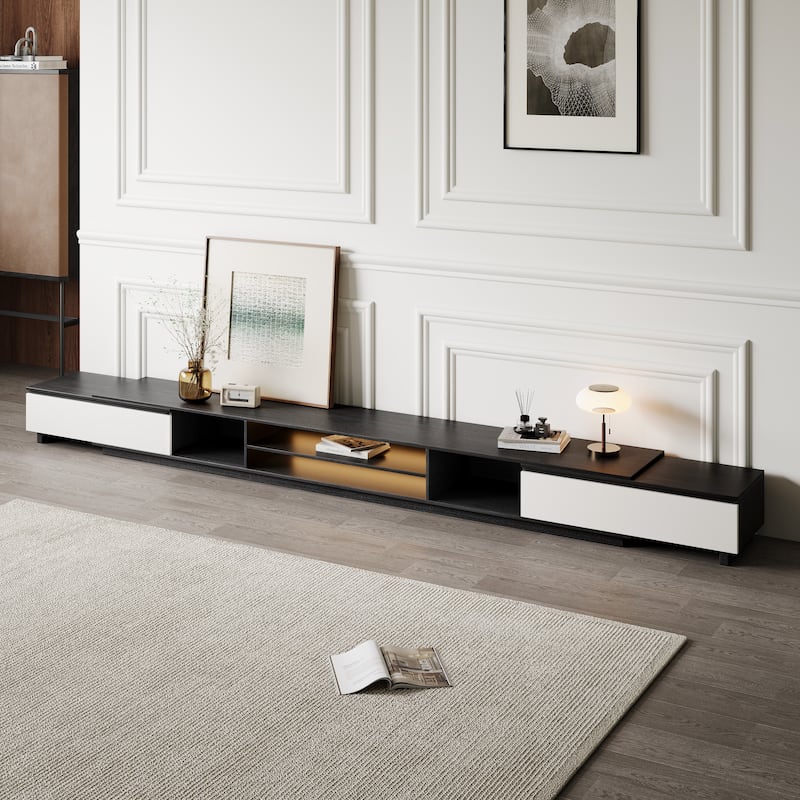 78.7" Ultra-Large Extendable TV Stand Media Console With 2 Drawers And Shelves In Black and White - Black&White