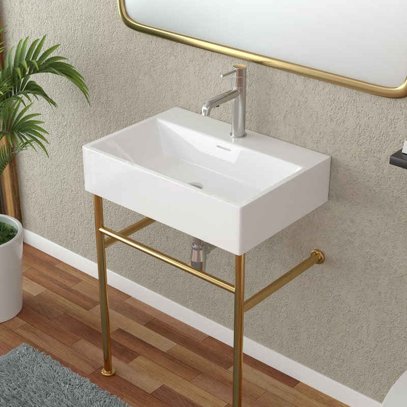 Lordear 24/30 in Ceramic White Single Bowl Console Sink Basin and Black/Gold Legs Combo with Overflow