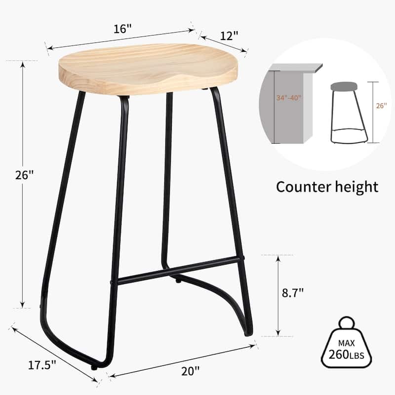 Counter Bar Stools Set of 3, Solid Wood Bar Stool for Kitchen Island 26" Barstool w/Metal Leg Rustic Backless Saddle Seat Stools