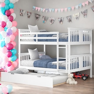 Full over Full Bunk Bed with Twin Size Trundle and Ladder for Bedroom