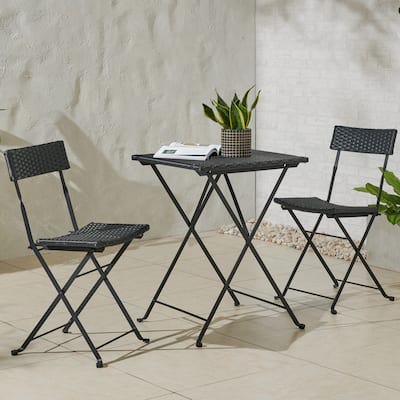 Lavish Home 3-Piece Folding Patio Bistro Set Rattan and Steel, Black