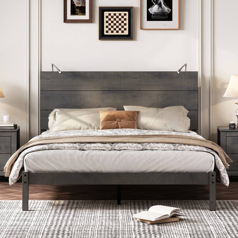 Queen Rustic Wood Platform Bed with Built-In Bedside Lights