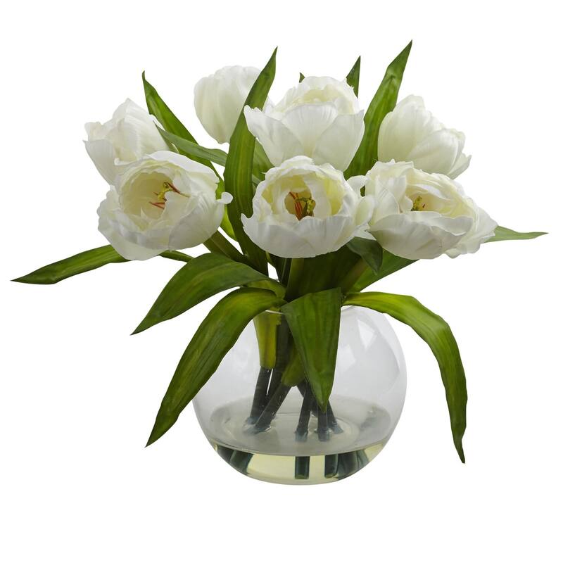 Tulip Arrangement With Vase - Home Decor Flowers Artificial Tulips in Vase for Table Centerpiece - White - 11.5
