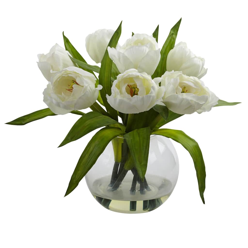 Tulip Arrangement With Vase - Home Decor Flowers Artificial Tulips in Vase for Table Centerpiece - White - 11.5