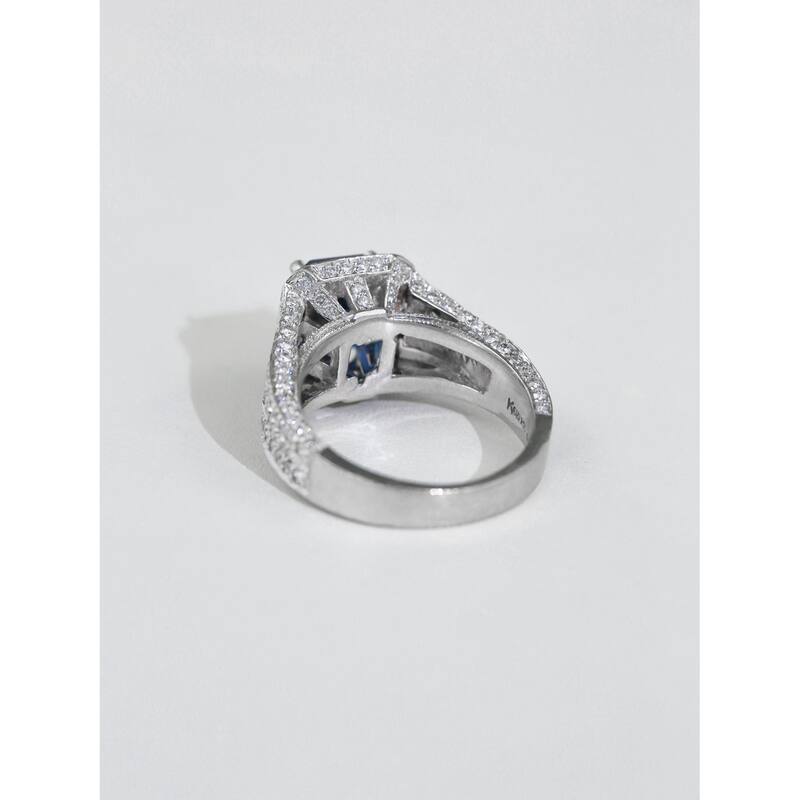 Kobelli 6.29 Carats Blue Sapphire & White Diamond Solid 14k White Gold Emerald-cut Rectangular Halo Split Shank Neptune Ring